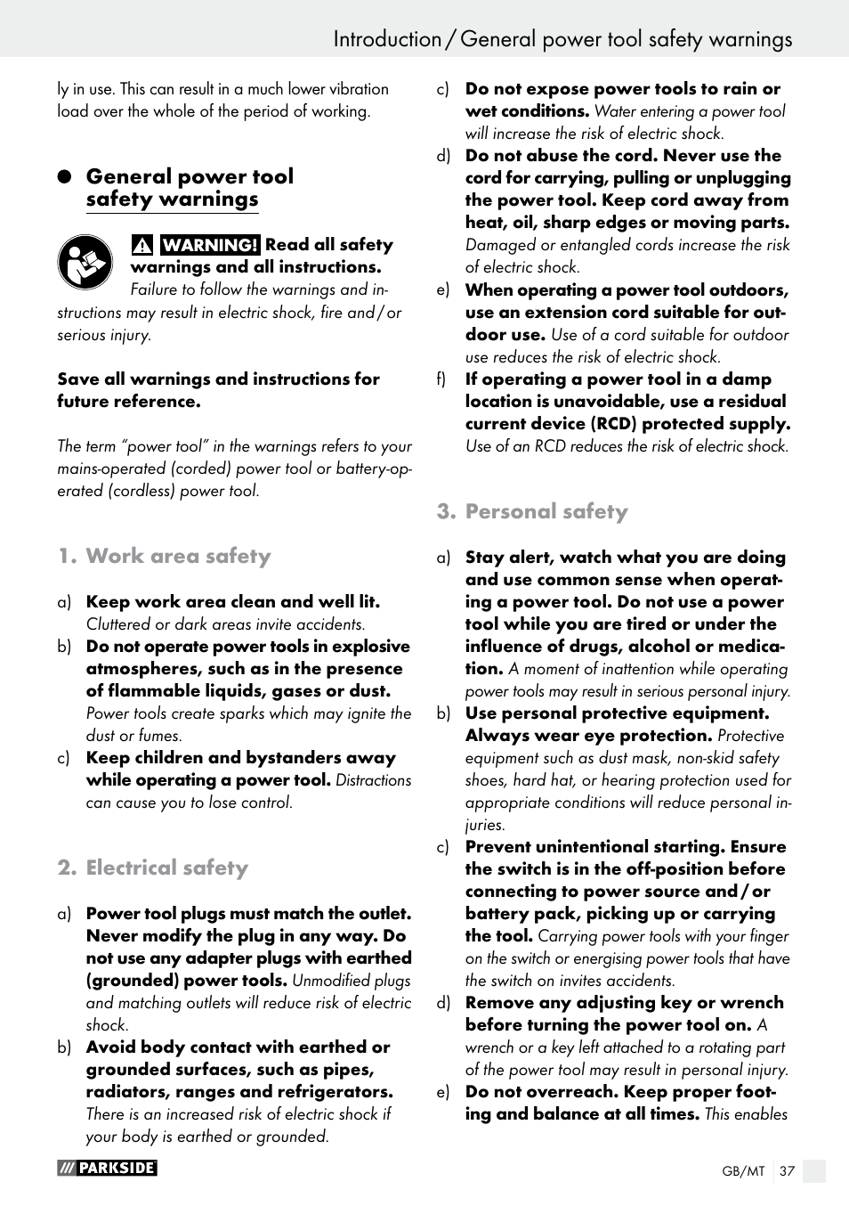 General power tool safety warnings, Work area safety, Electrical safety | Personal safety | Parkside PSS 250 A1 User Manual | Page 37 / 52