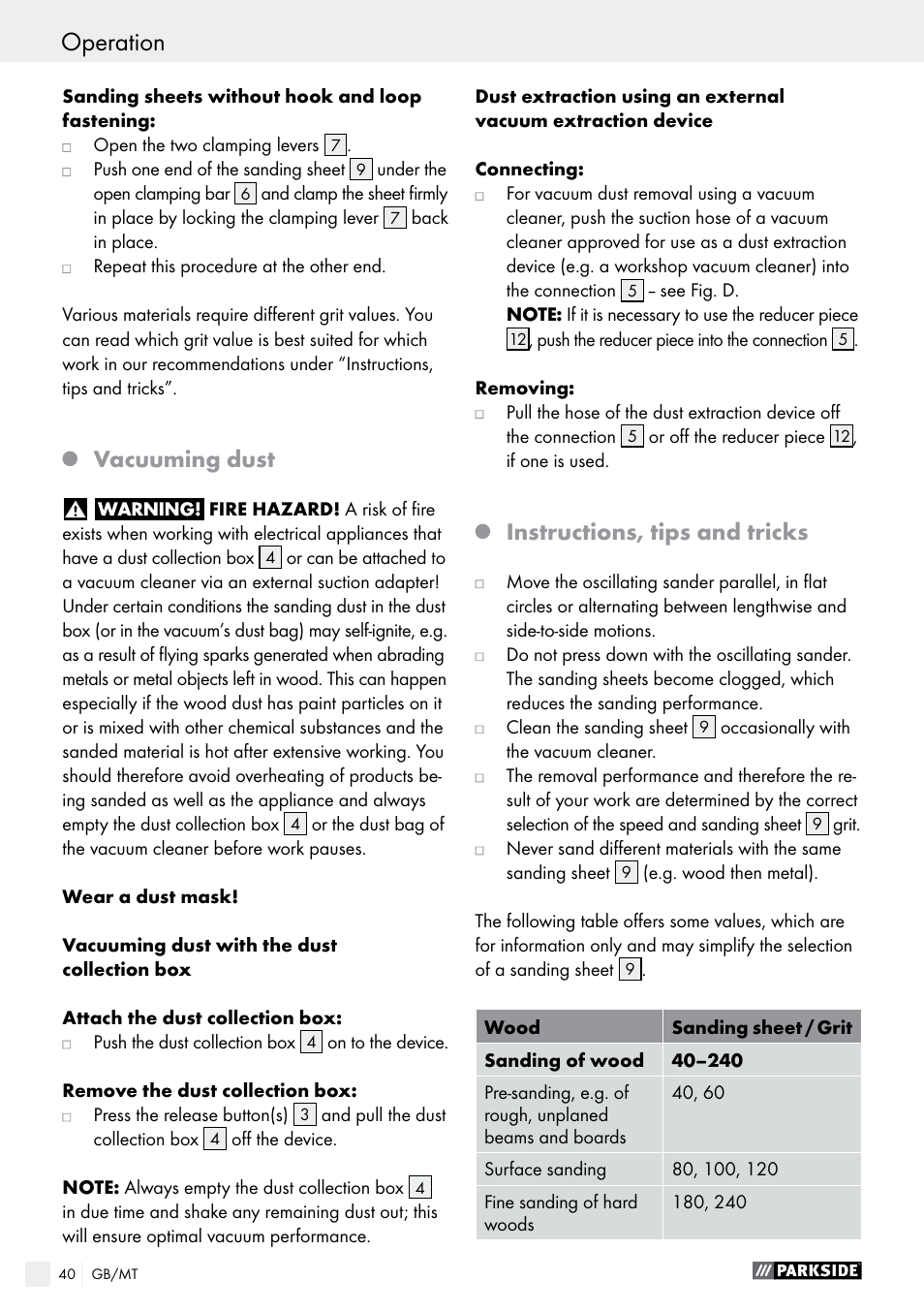 Vacuuming dust, Instructions, tips and tricks | Parkside PSS 250 A1 User Manual | Page 40 / 52