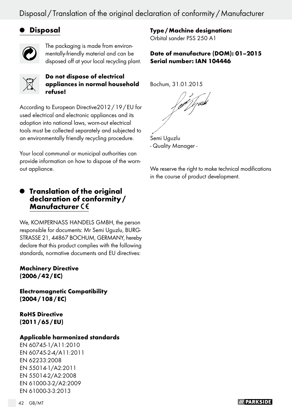 Parkside PSS 250 A1 User Manual | Page 42 / 52