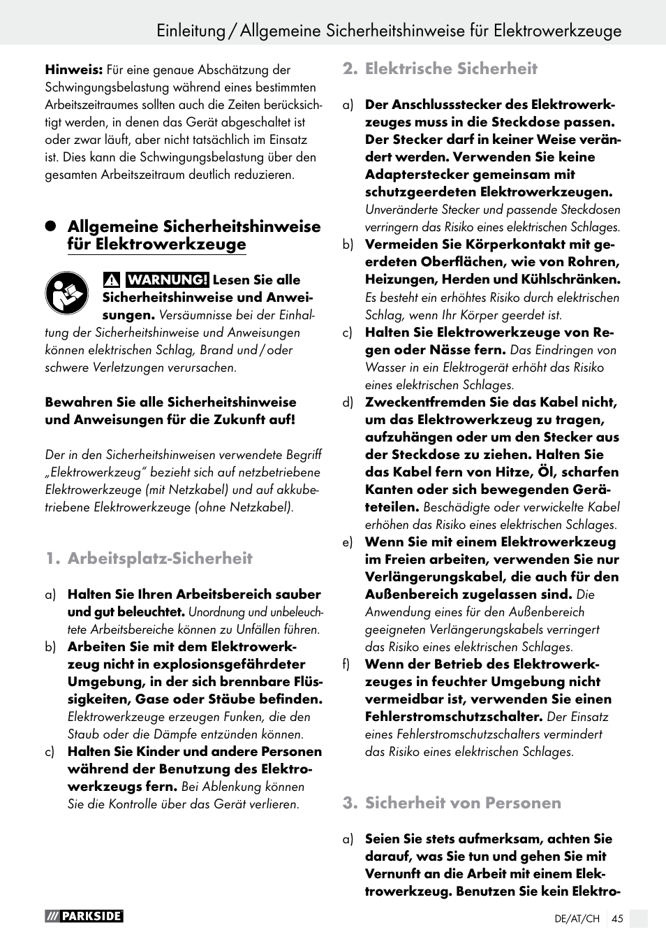 Einleitung, Arbeitsplatz-sicherheit, Elektrische sicherheit | Sicherheit von personen | Parkside PSS 250 A1 User Manual | Page 45 / 52