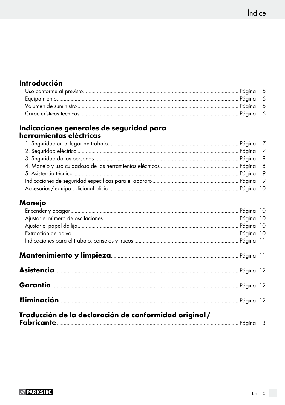 Índice | Parkside PSS 250 A1 User Manual | Page 5 / 52