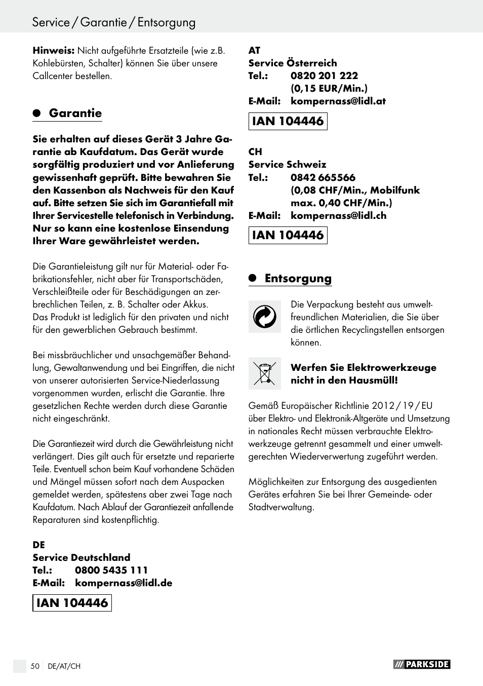 Original-eg-konformitätserklärung / hersteller, Service / garantie / entsorgung | Parkside PSS 250 A1 User Manual | Page 50 / 52