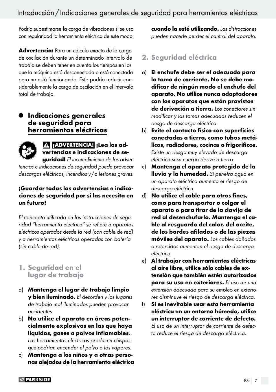 Seguridad en el lugar de trabajo, Seguridad eléctrica | Parkside PSS 250 A1 User Manual | Page 7 / 52