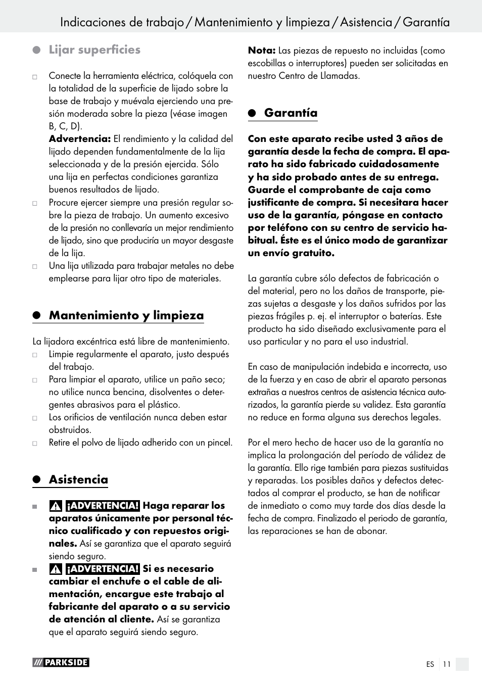 Lijar superficies, Mantenimiento y limpieza, Asistencia | Garantía | Parkside PEXS 270 A1 User Manual | Page 11 / 45