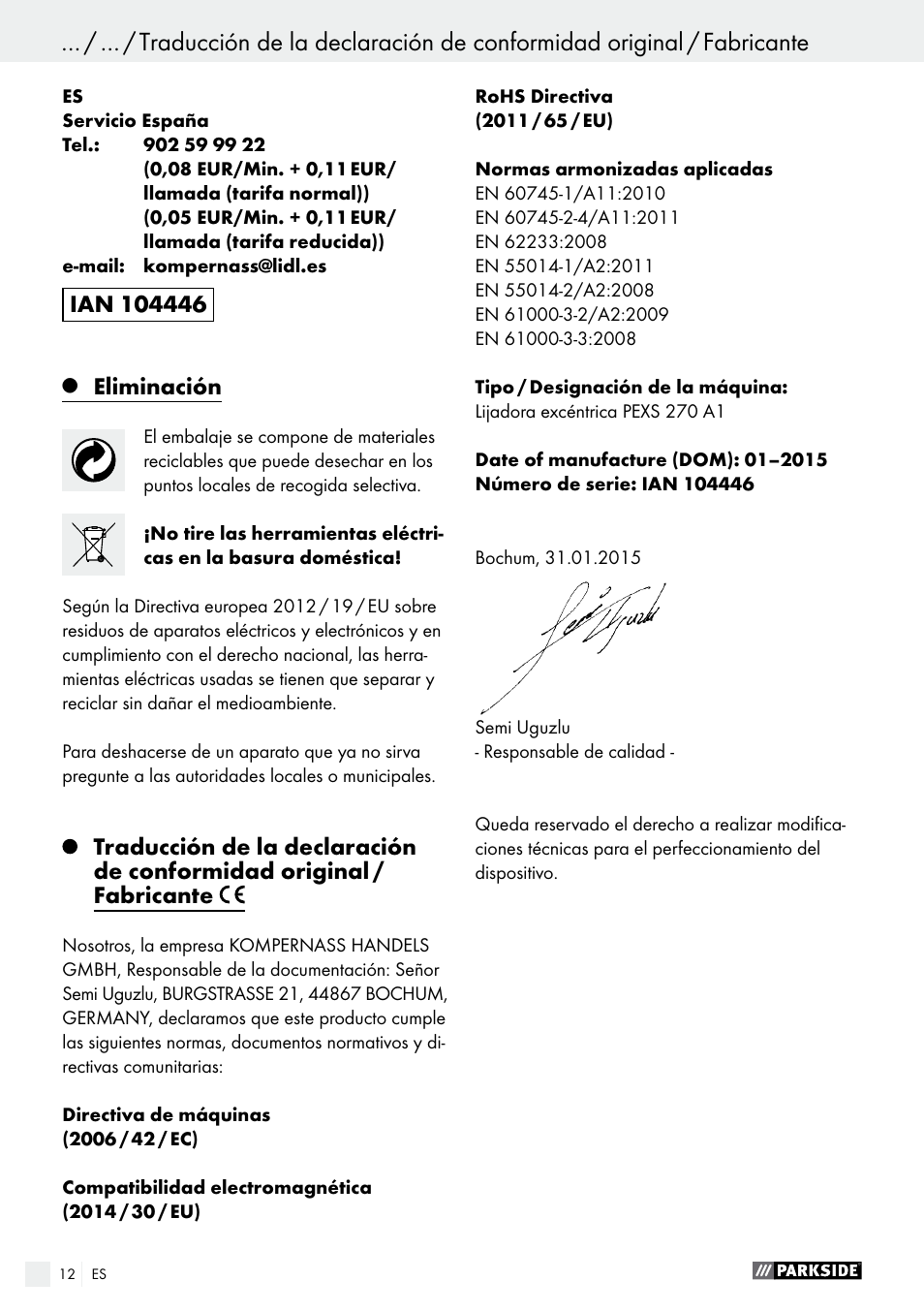 Eliminación | Parkside PEXS 270 A1 User Manual | Page 12 / 45
