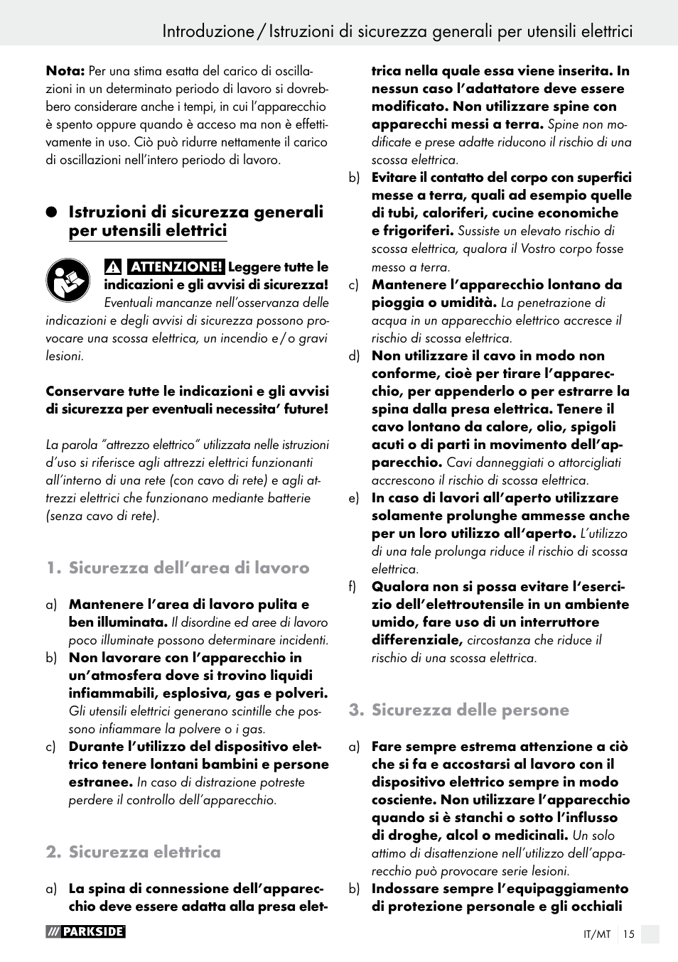 Sicurezza dell’area di lavoro, Sicurezza elettrica, Sicurezza delle persone | Parkside PEXS 270 A1 User Manual | Page 15 / 45