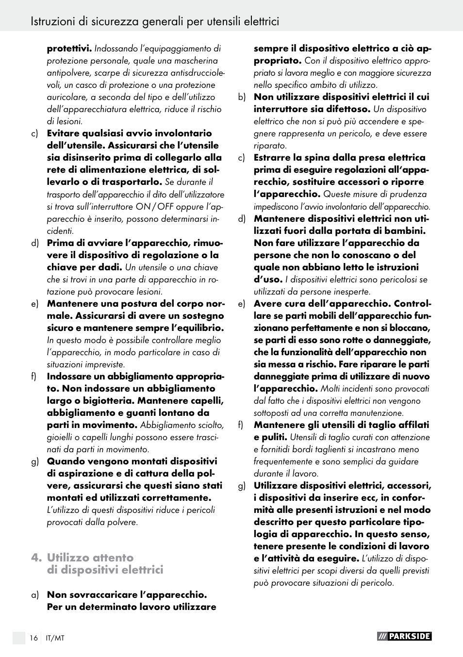 Utilizzo attento di dispositivi elettrici | Parkside PEXS 270 A1 User Manual | Page 16 / 45