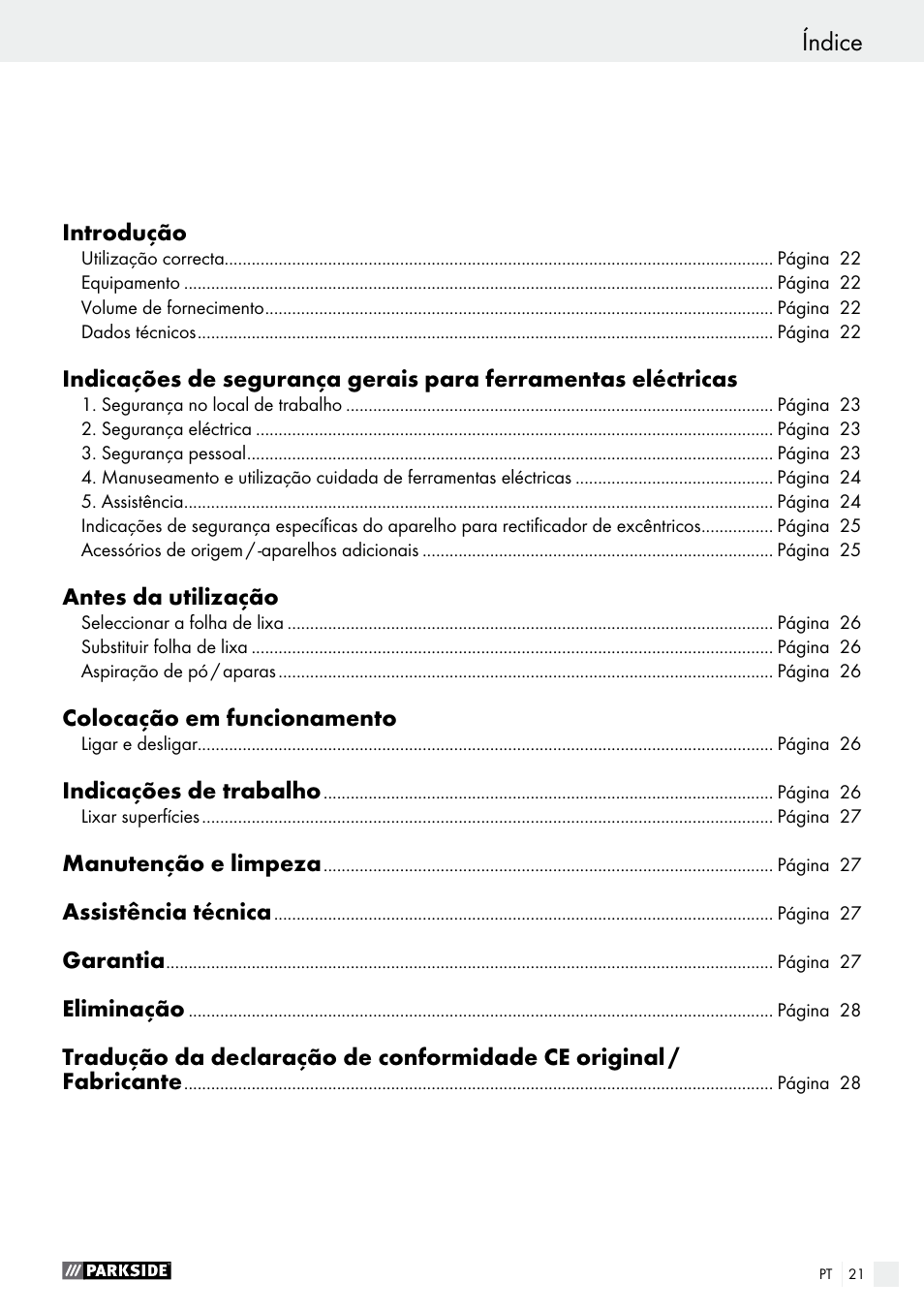 Índice | Parkside PEXS 270 A1 User Manual | Page 21 / 45