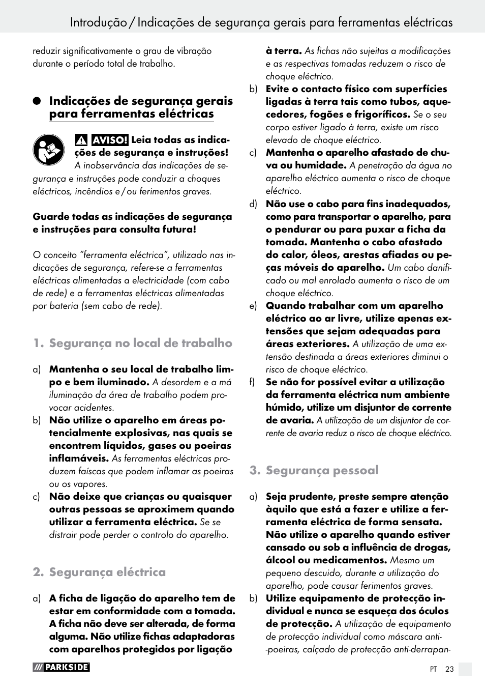 Segurança no local de trabalho, Segurança eléctrica, Segurança pessoal | Parkside PEXS 270 A1 User Manual | Page 23 / 45