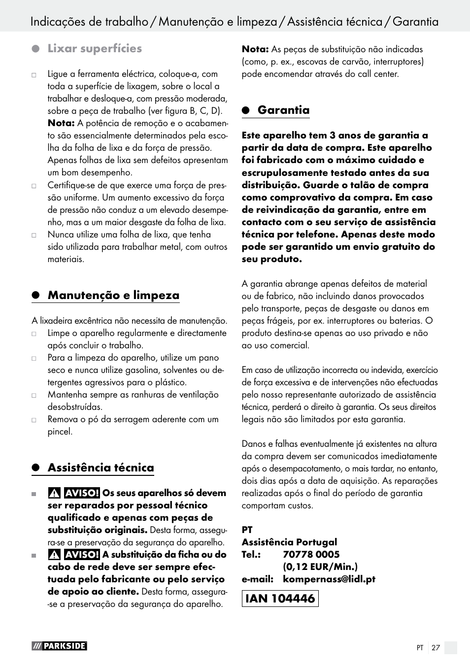Lixar superfícies, Manutenção e limpeza, Assistência técnica | Garantia | Parkside PEXS 270 A1 User Manual | Page 27 / 45