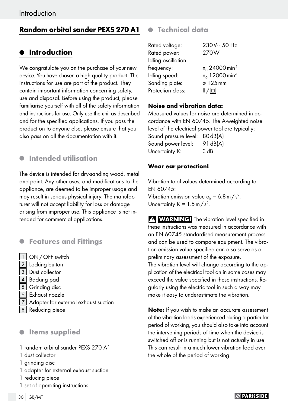 Random orbital sander pexs 270 a1, Introduction, Intended utilisation | Features and fittings, Items supplied, Technical data | Parkside PEXS 270 A1 User Manual | Page 30 / 45