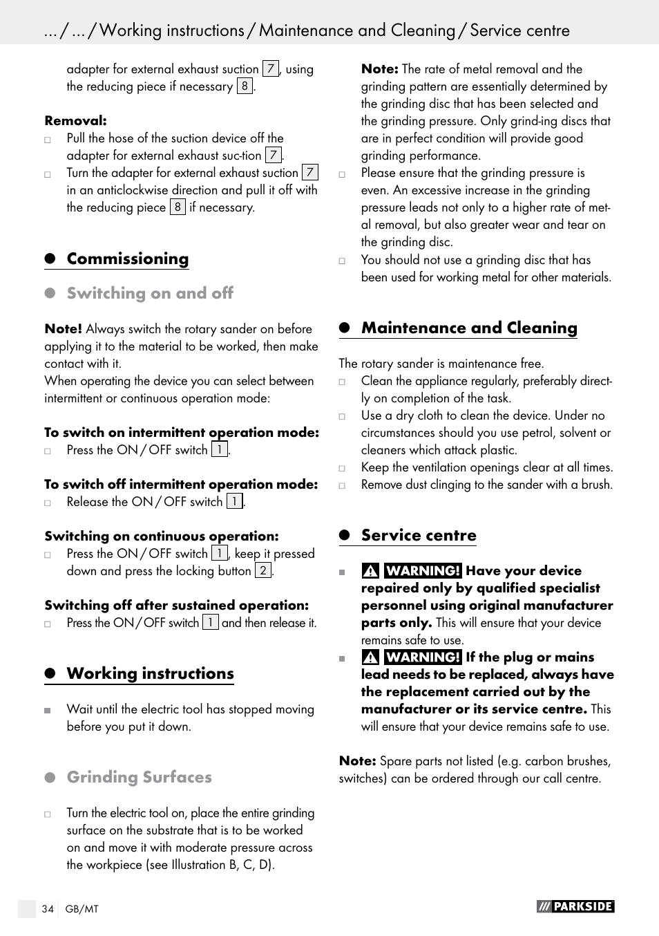 Commissioning, Switching on and off, Working instructions | Grinding surfaces, Maintenance and cleaning, Service centre | Parkside PEXS 270 A1 User Manual | Page 34 / 45