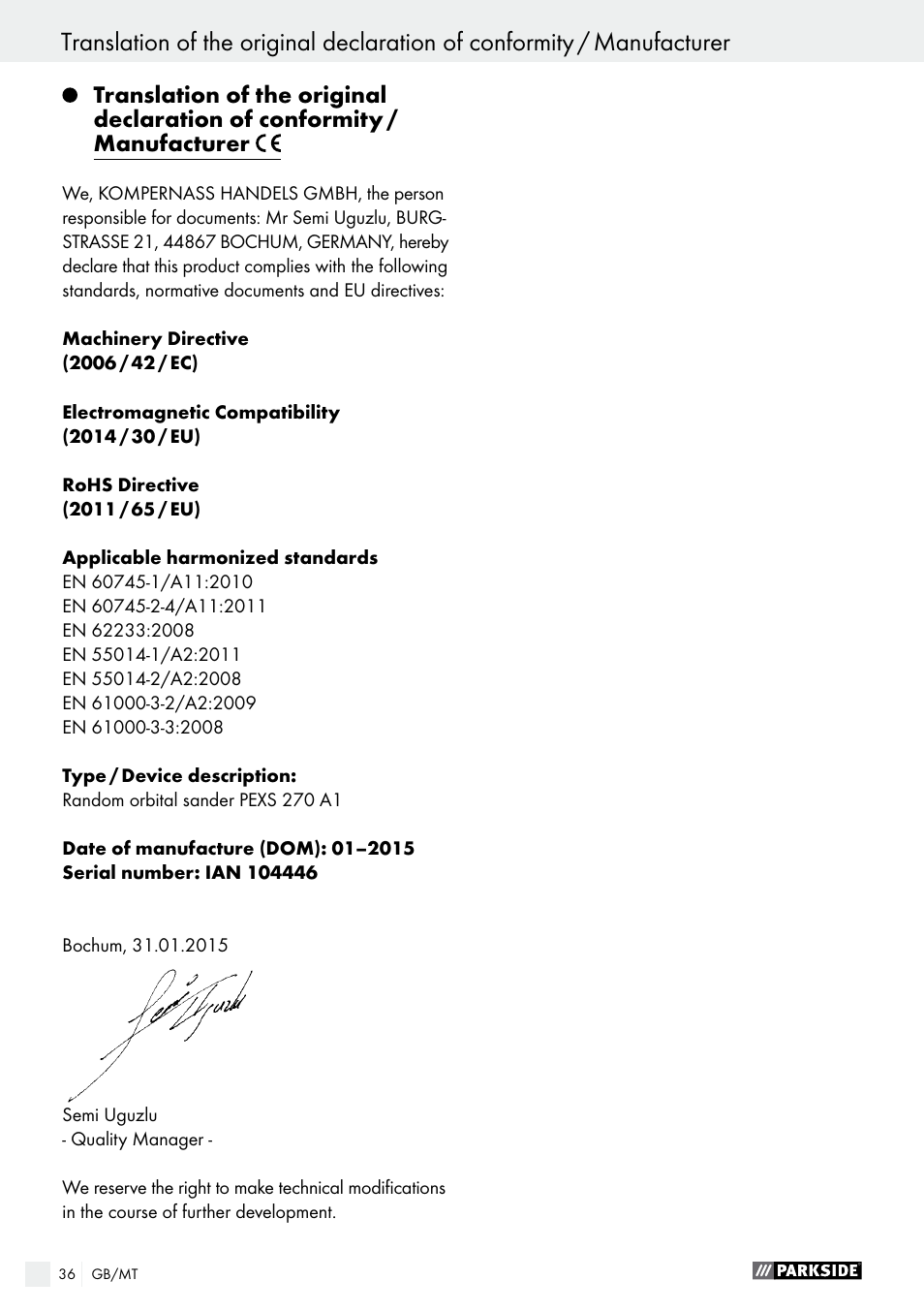 Parkside PEXS 270 A1 User Manual | Page 36 / 45