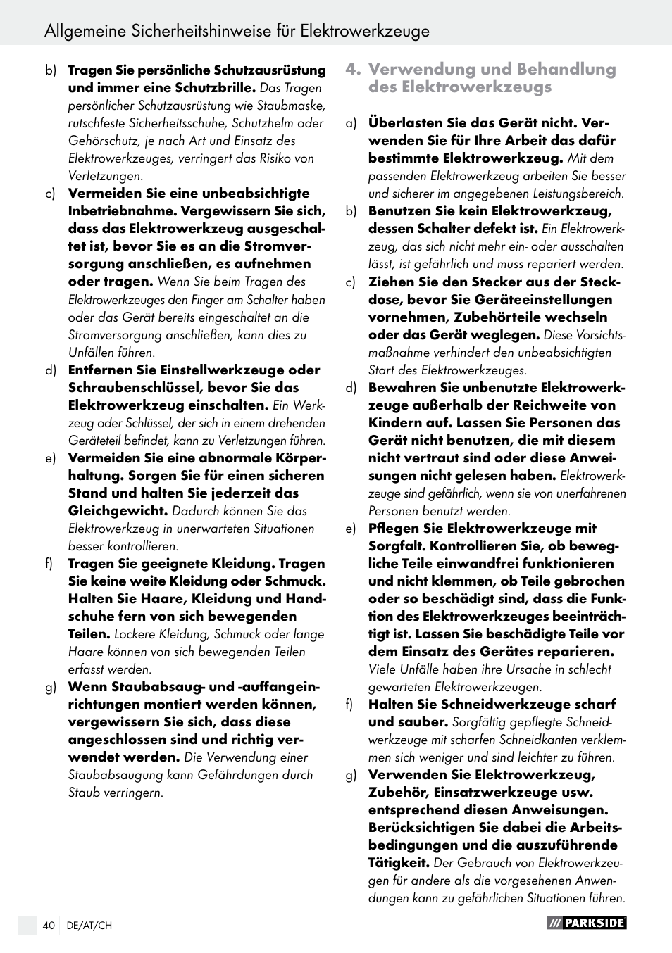 Verwendung und behandlung des elektrowerkzeugs | Parkside PEXS 270 A1 User Manual | Page 40 / 45
