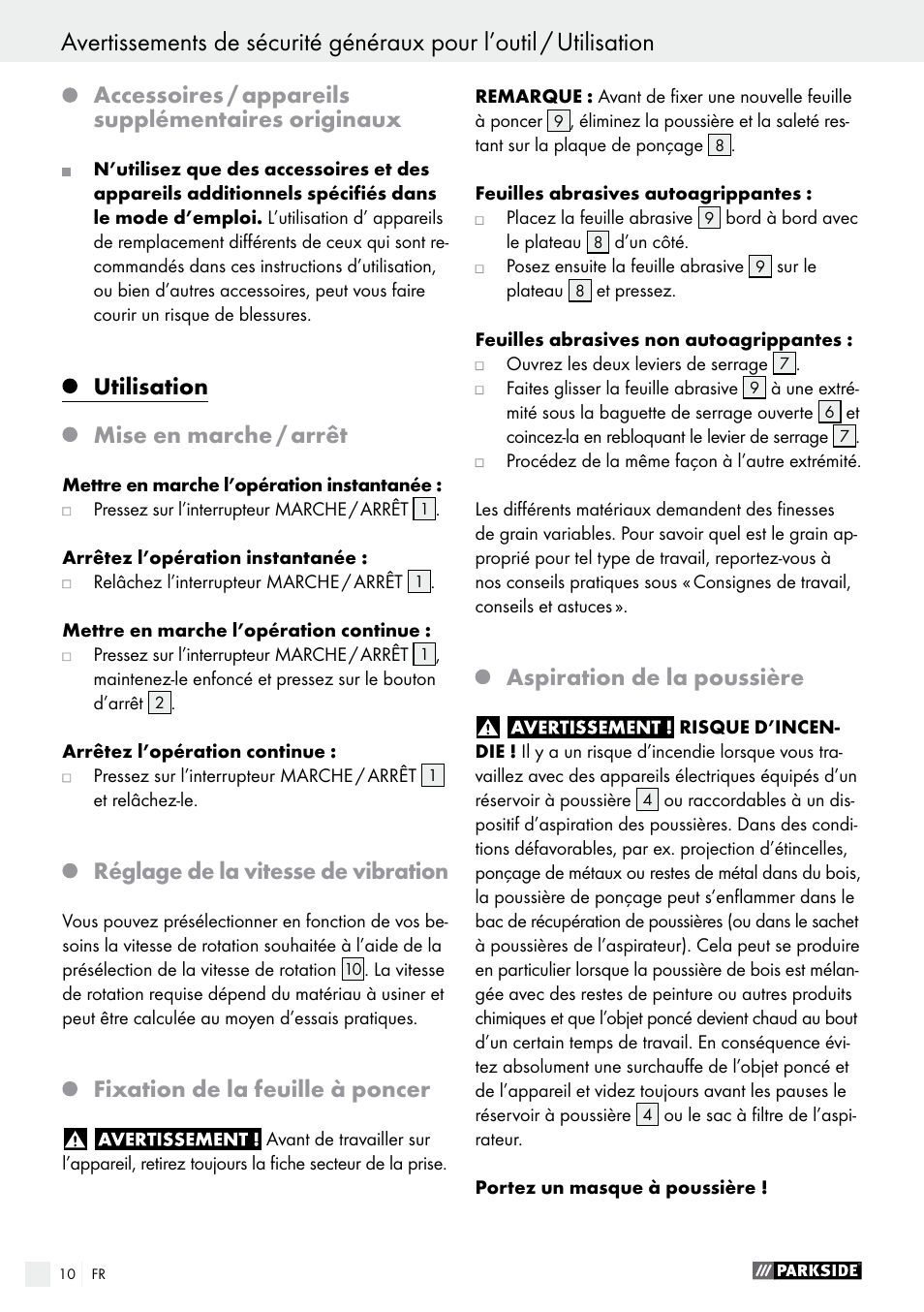 Accessoires / appareils supplémentaires originaux, Utilisation, Mise en marche / arrêt | Réglage de la vitesse de vibration, Fixation de la feuille à poncer, Aspiration de la poussière | Parkside PSS 250 A1 User Manual | Page 10 / 33