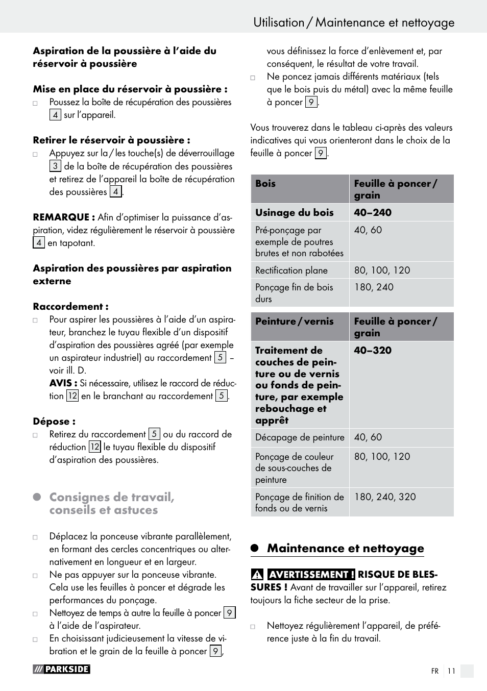 Utilisation / maintenance et nettoyage, Consignes de travail, conseils et astuces, Maintenance et nettoyage | Parkside PSS 250 A1 User Manual | Page 11 / 33