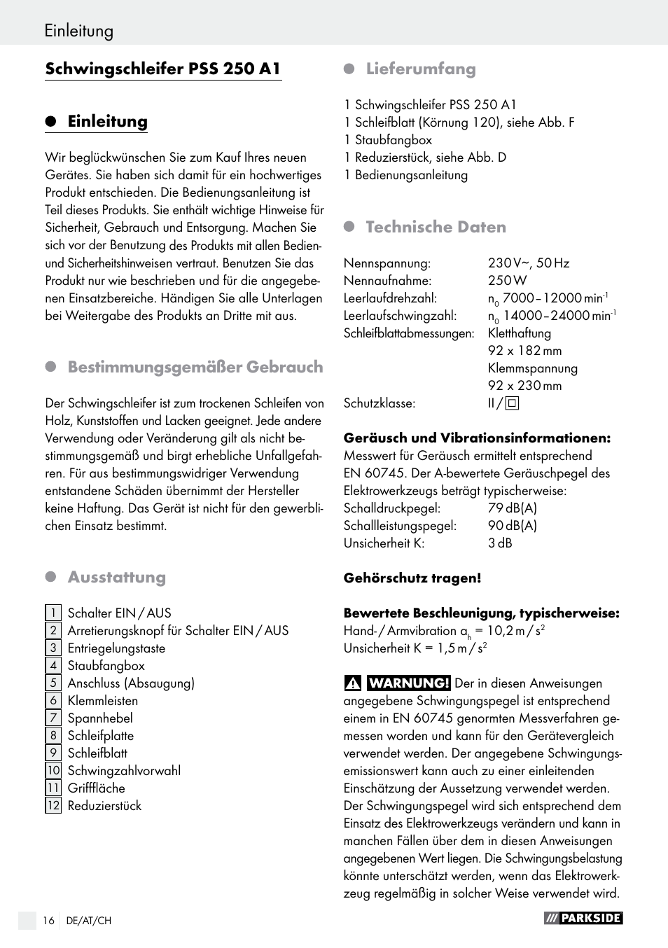 Schwingschleifer pss 250 a1, Einleitung, Bestimmungsgemäßer gebrauch | Ausstattung, Lieferumfang, Technische daten | Parkside PSS 250 A1 User Manual | Page 16 / 33