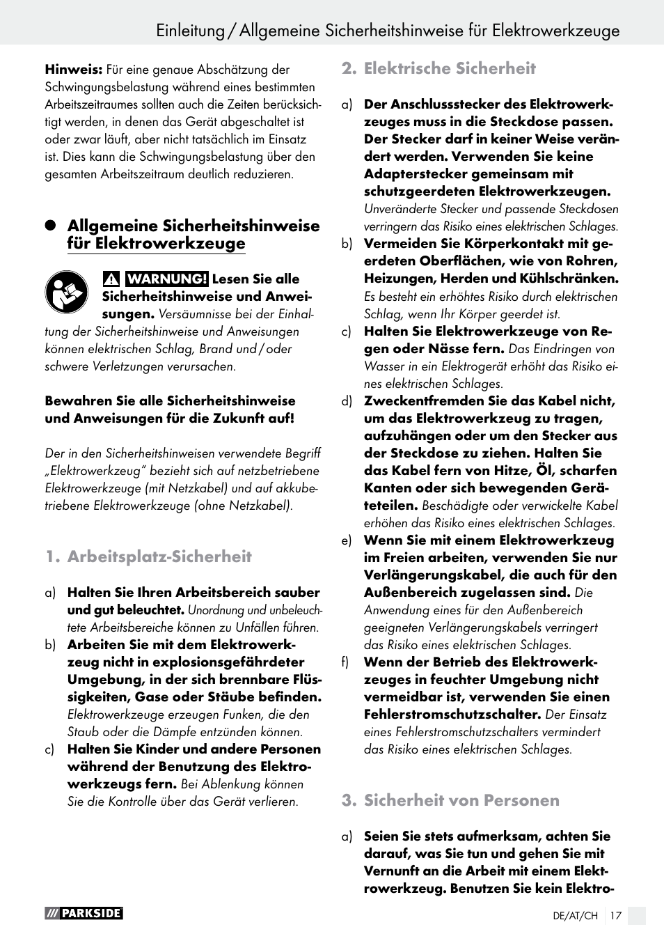 Einleitung, Arbeitsplatz-sicherheit, Elektrische sicherheit | Sicherheit von personen | Parkside PSS 250 A1 User Manual | Page 17 / 33