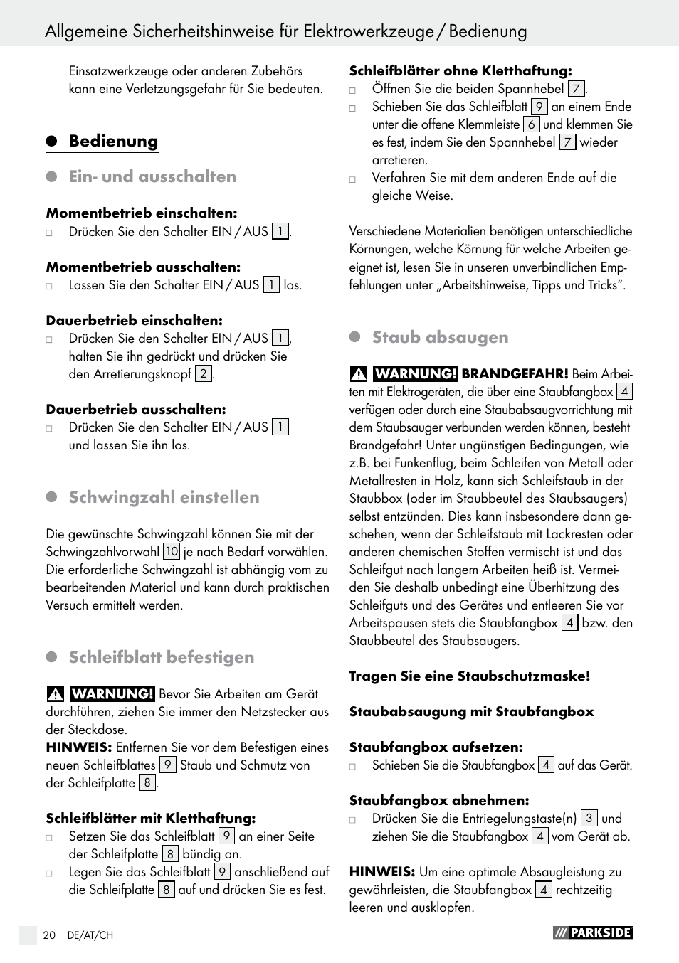 Bedienung / wartung und reinigung / service, Bedienung, Ein- und ausschalten | Schwingzahl einstellen, Schleifblatt befestigen, Staub absaugen | Parkside PSS 250 A1 User Manual | Page 20 / 33