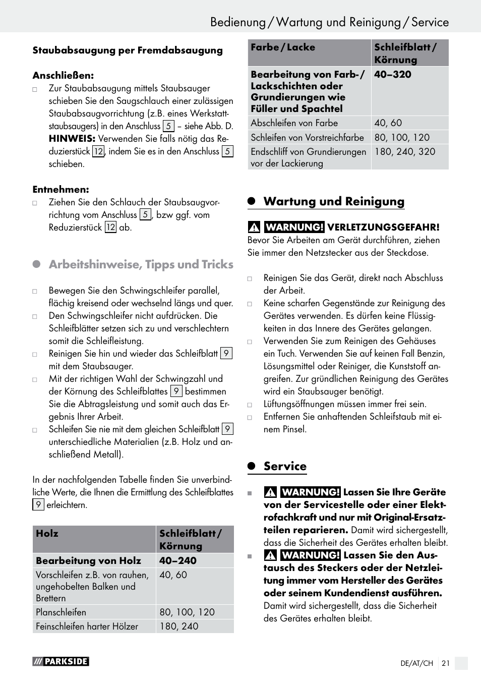 Arbeitshinweise, tipps und tricks, Wartung und reinigung, Service | Parkside PSS 250 A1 User Manual | Page 21 / 33