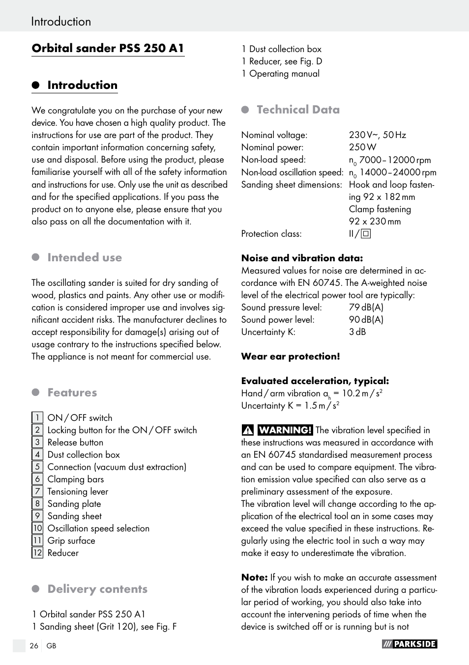 Orbital sander pss 250 a1, Introduction, Intended use | Features, Delivery contents, Technical data | Parkside PSS 250 A1 User Manual | Page 26 / 33