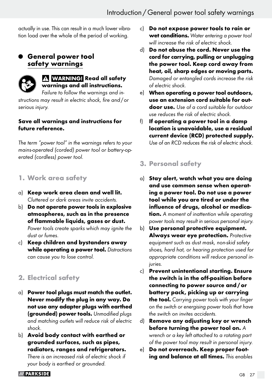 General power tool safety warnings, Work area safety, Electrical safety | Personal safety | Parkside PSS 250 A1 User Manual | Page 27 / 33