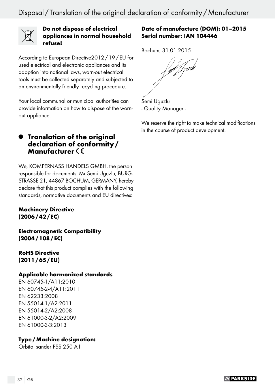 Parkside PSS 250 A1 User Manual | Page 32 / 33