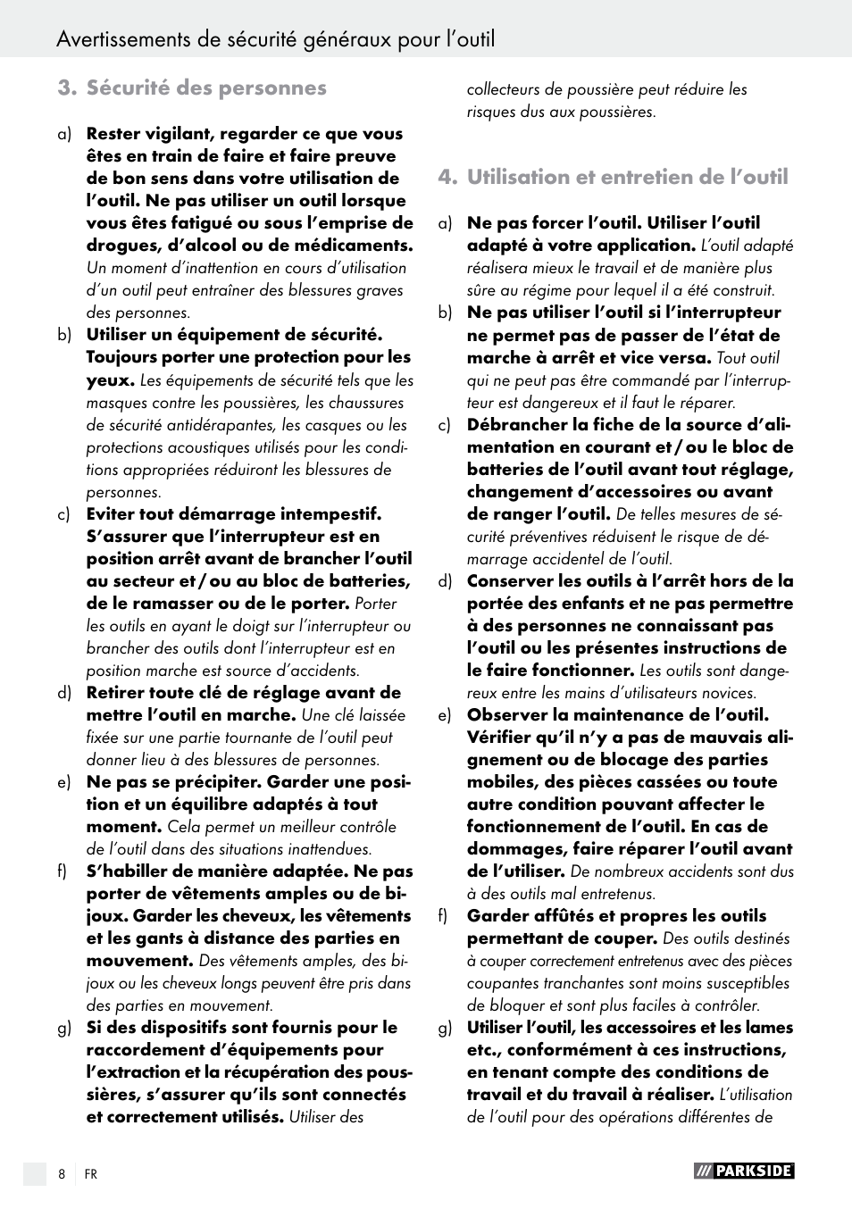 Avertissements de sécurité généraux pour l’outil, Sécurité des personnes, Utilisation et entretien de l’outil | Parkside PSS 250 A1 User Manual | Page 8 / 33