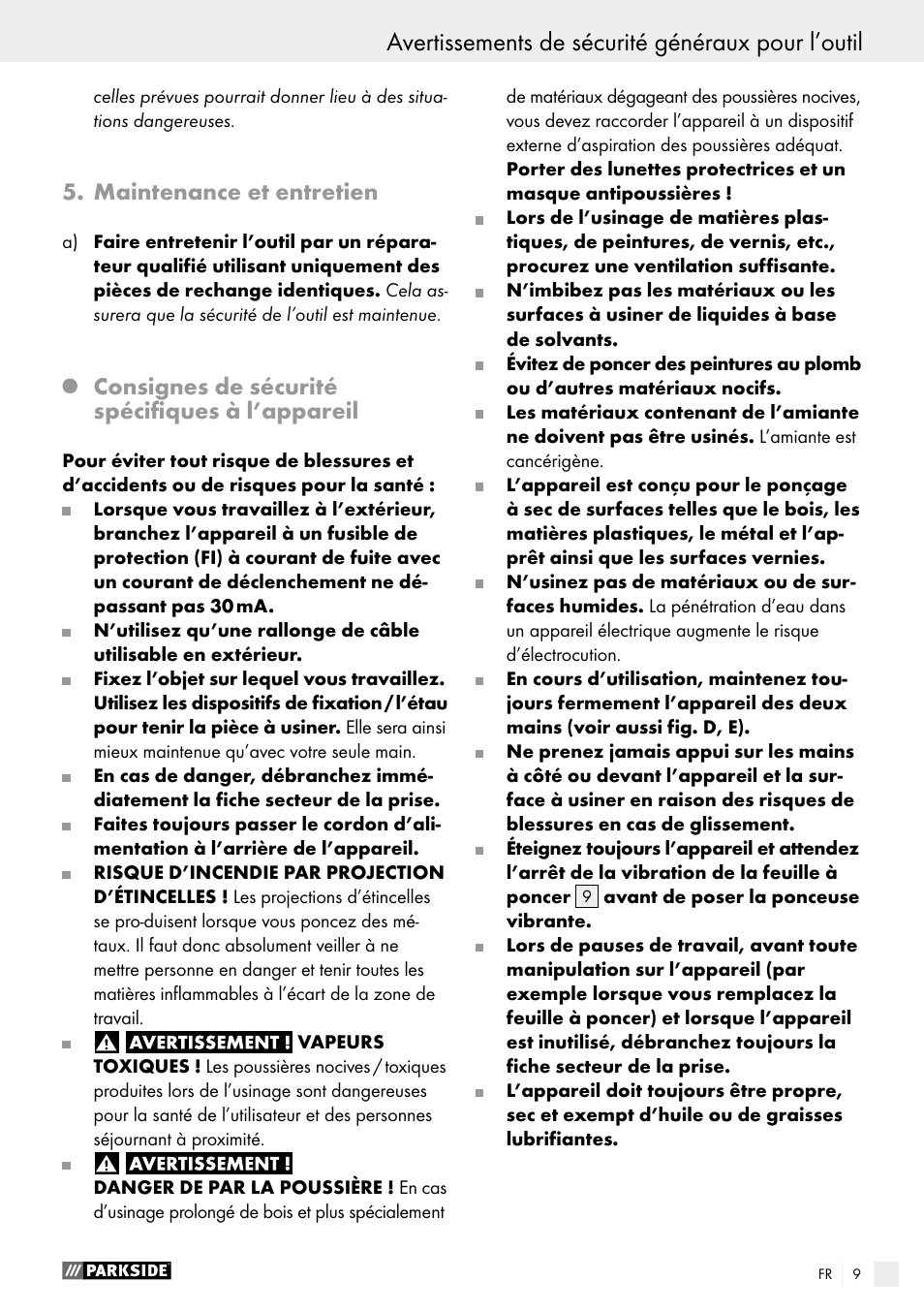 Avertissements de sécurité généraux pour l’outil, Maintenance et entretien, Consignes de sécurité spécifiques à l’appareil | Parkside PSS 250 A1 User Manual | Page 9 / 33