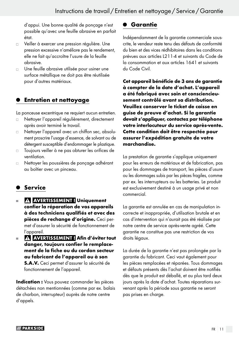 Entretien et nettoyage, Service, Garantie | Parkside PEXS 270 A1 User Manual | Page 11 / 29