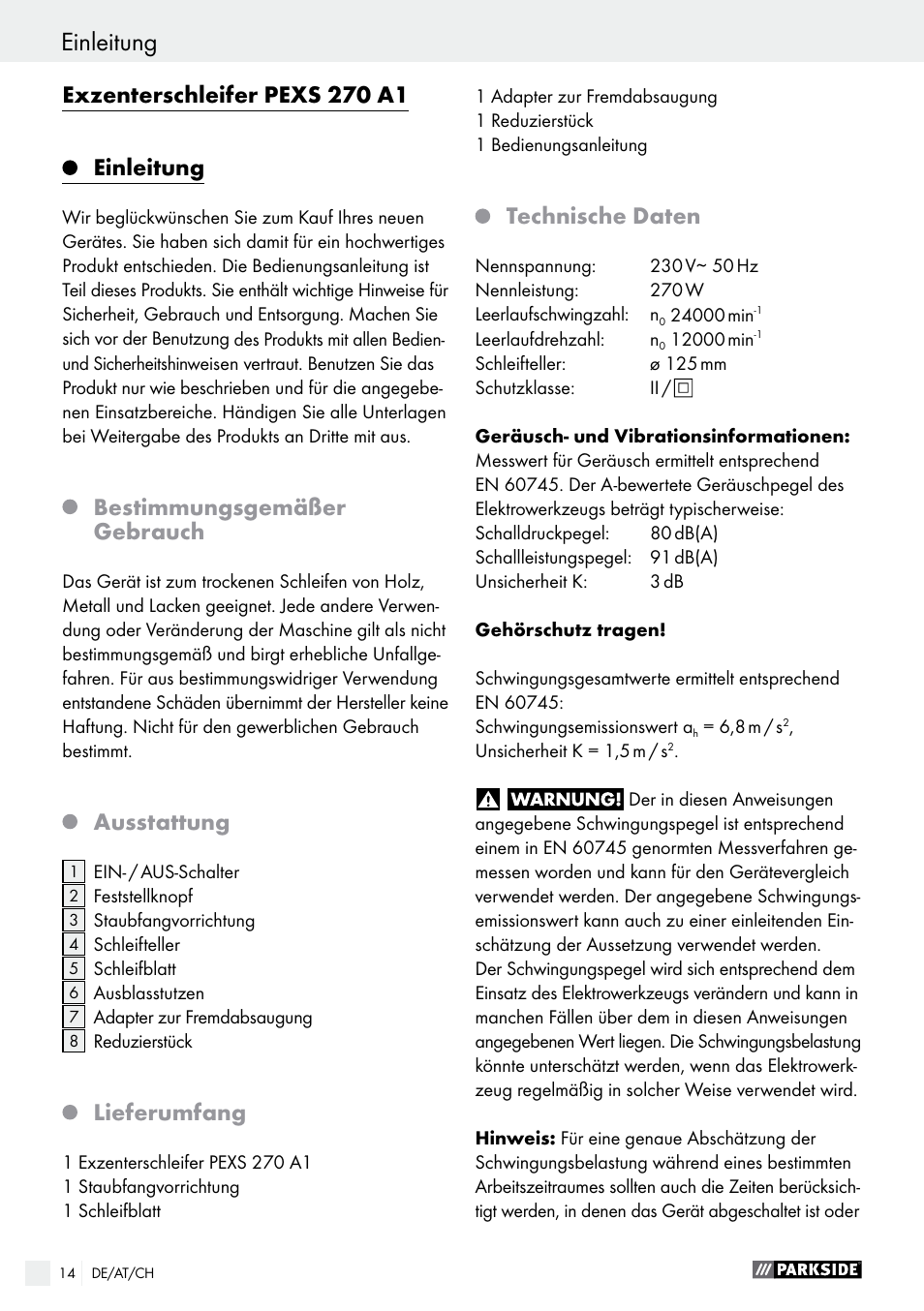 Exzenterschleifer pexs 270 a1, Einleitung, Bestimmungsgemäßer gebrauch | Ausstattung, Lieferumfang, Technische daten | Parkside PEXS 270 A1 User Manual | Page 14 / 29