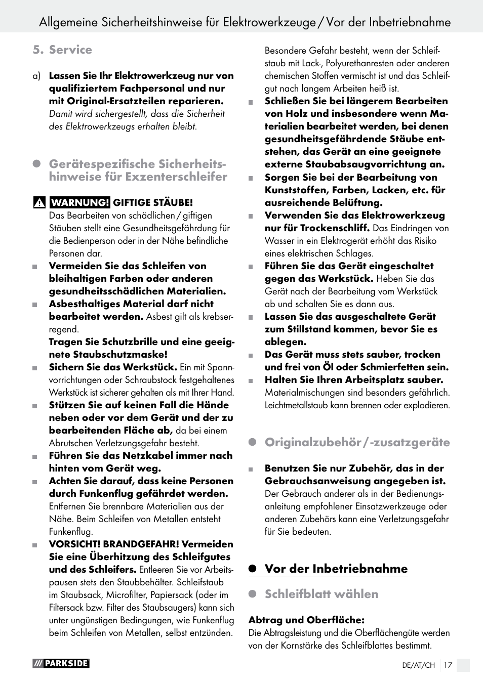 Service, Originalzubehör / -zusatzgeräte, Vor der inbetriebnahme | Schleifblatt wählen | Parkside PEXS 270 A1 User Manual | Page 17 / 29