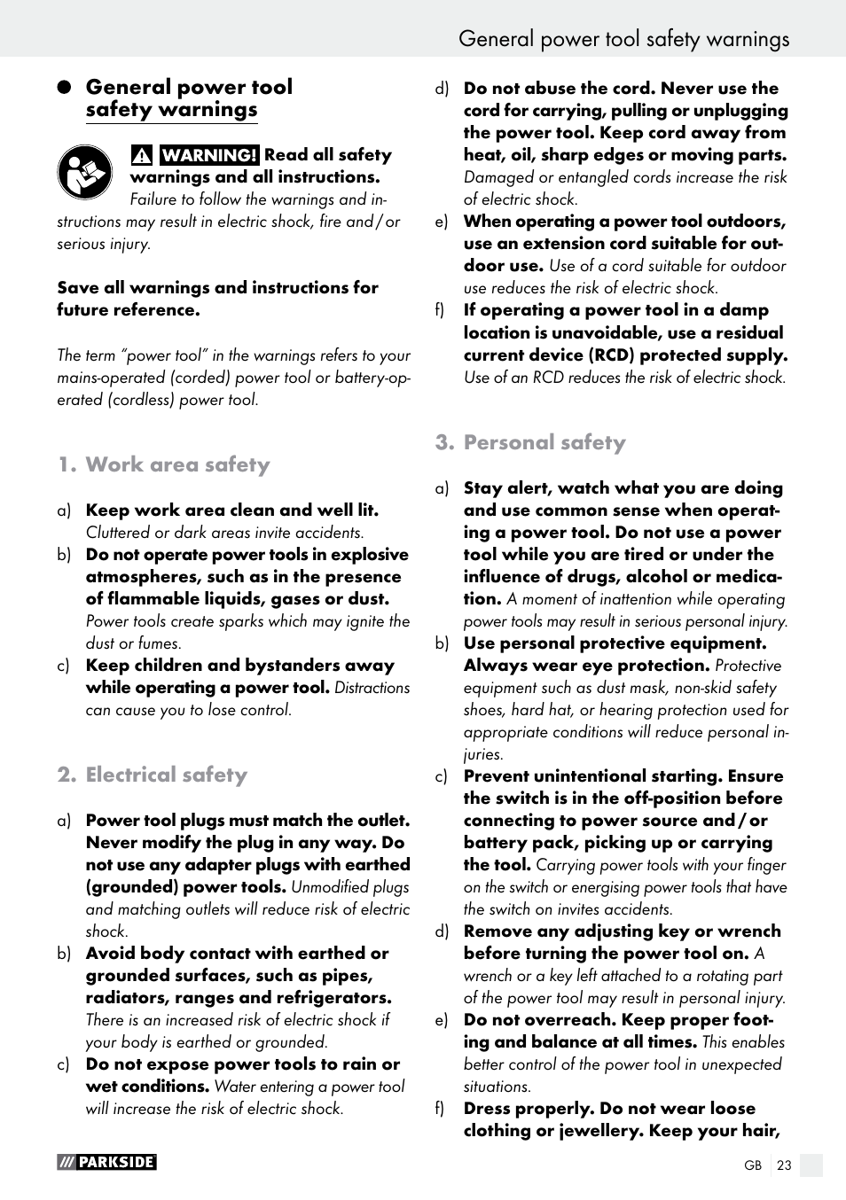 Introduction general power tool safety warnings, General power tool safety warnings, Work area safety | Electrical safety, Personal safety | Parkside PEXS 270 A1 User Manual | Page 23 / 29
