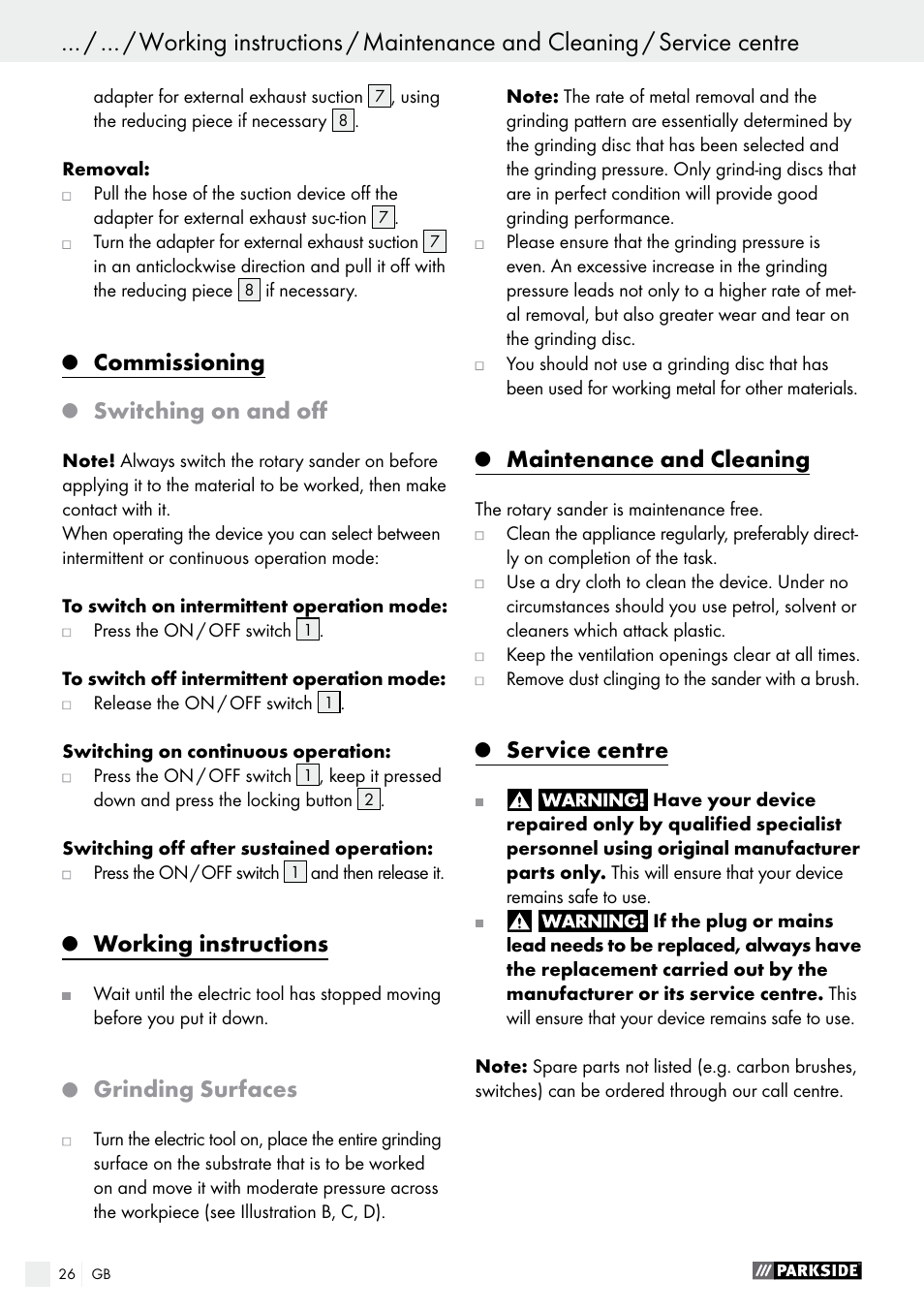 Commissioning, Switching on and off, Working instructions | Grinding surfaces, Maintenance and cleaning, Service centre | Parkside PEXS 270 A1 User Manual | Page 26 / 29