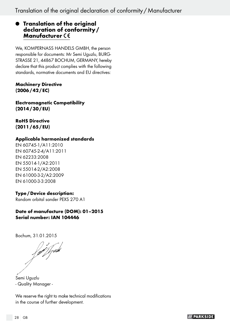 Parkside PEXS 270 A1 User Manual | Page 28 / 29