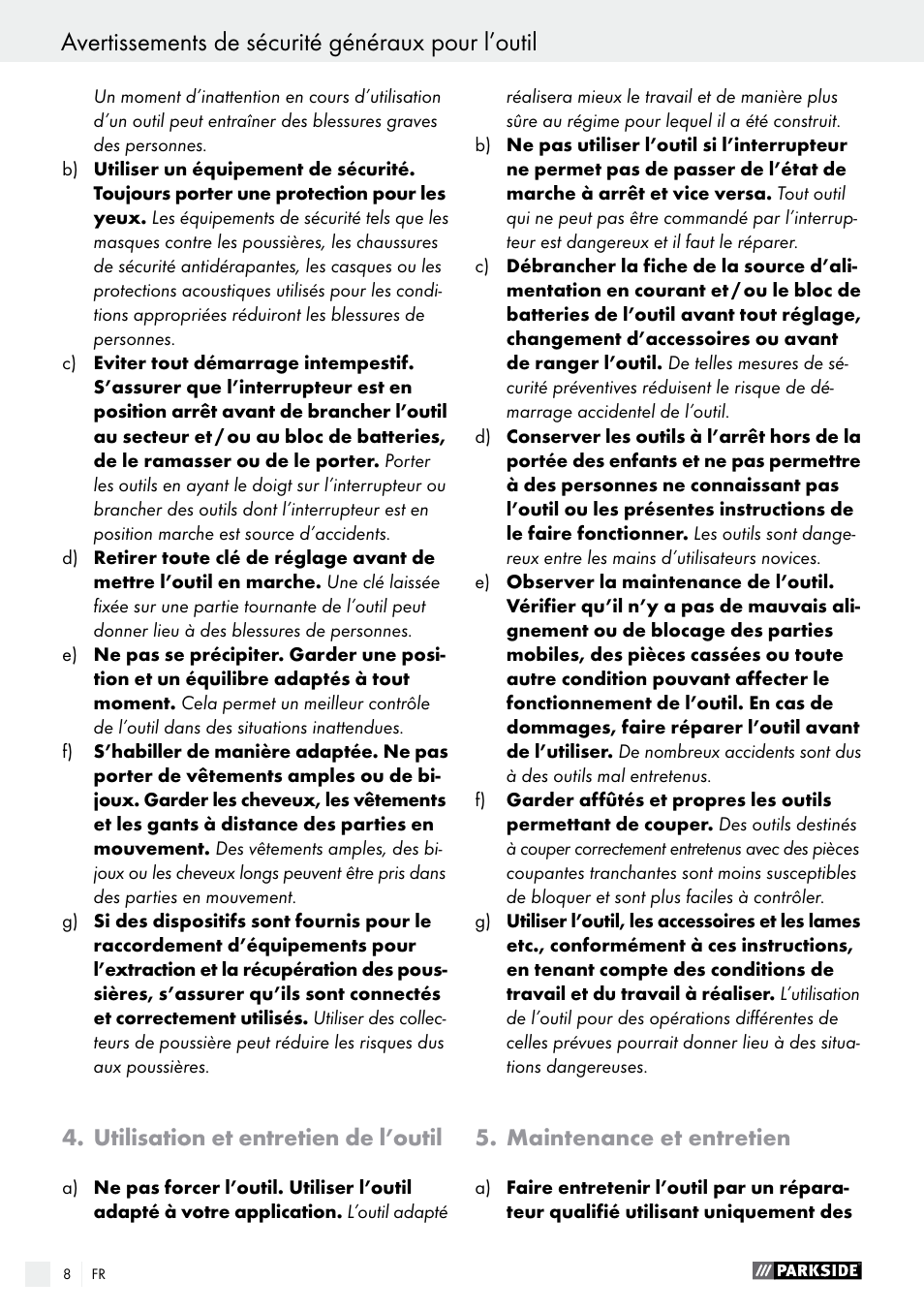 Avertissements de sécurité généraux pour l’outil, Utilisation et entretien de l’outil, Maintenance et entretien | Parkside PEXS 270 A1 User Manual | Page 8 / 29