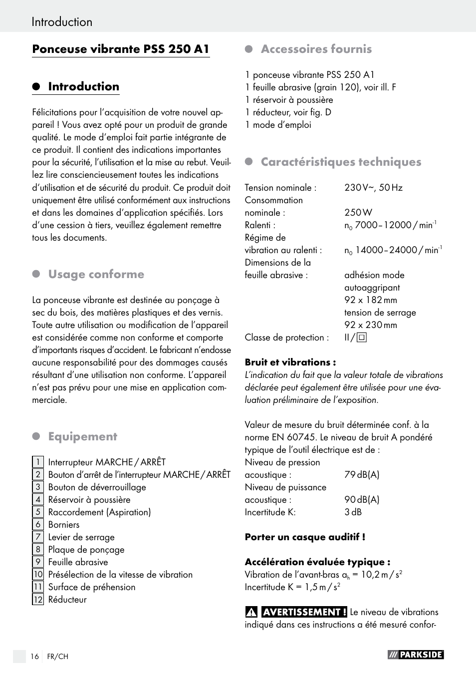 Ponceuse vibrante pss 250 a1, Introduction, Usage conforme | Equipement, Accessoires fournis, Caractéristiques techniques | Parkside PSS 250 A1 User Manual | Page 16 / 43