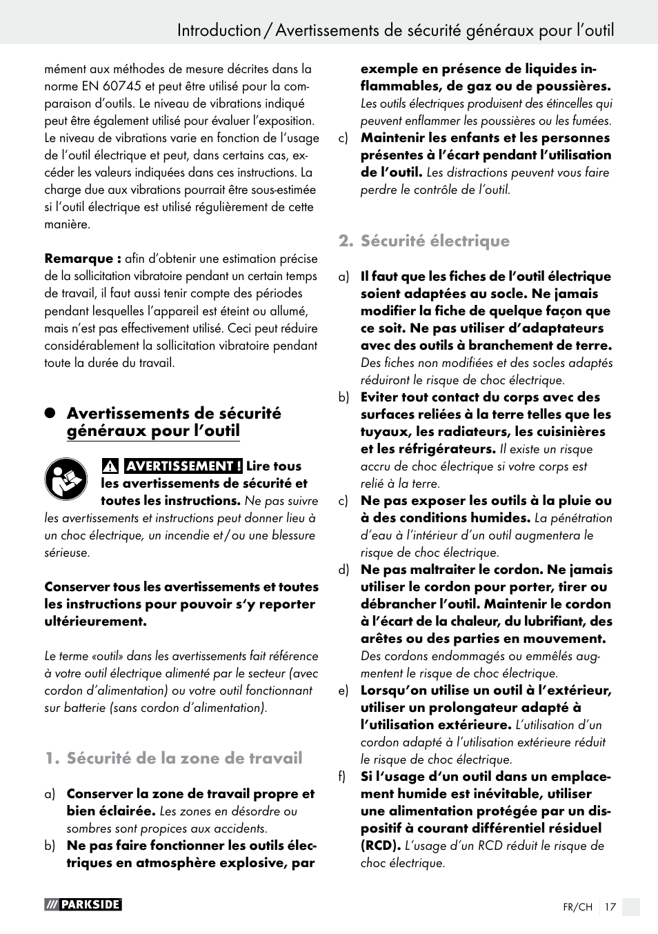 Avertissements de sécurité généraux pour l’outil, Sécurité de la zone de travail, Sécurité électrique | Parkside PSS 250 A1 User Manual | Page 17 / 43