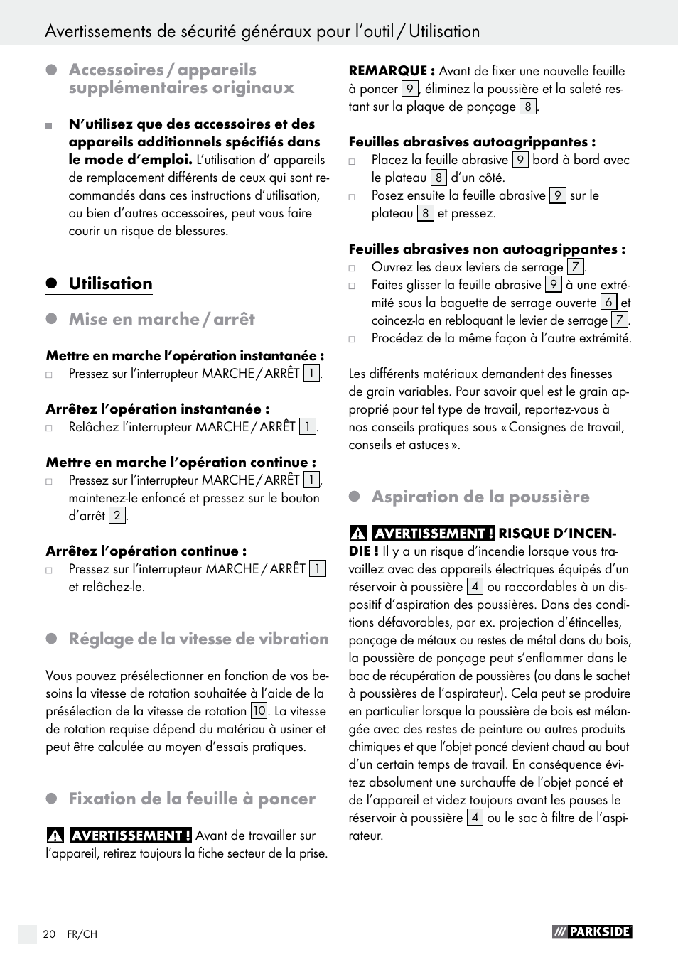 Accessoires / appareils supplémentaires originaux, Utilisation, Mise en marche / arrêt | Réglage de la vitesse de vibration, Fixation de la feuille à poncer, Aspiration de la poussière | Parkside PSS 250 A1 User Manual | Page 20 / 43