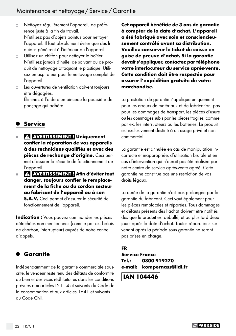 Service, Garantie | Parkside PSS 250 A1 User Manual | Page 22 / 43