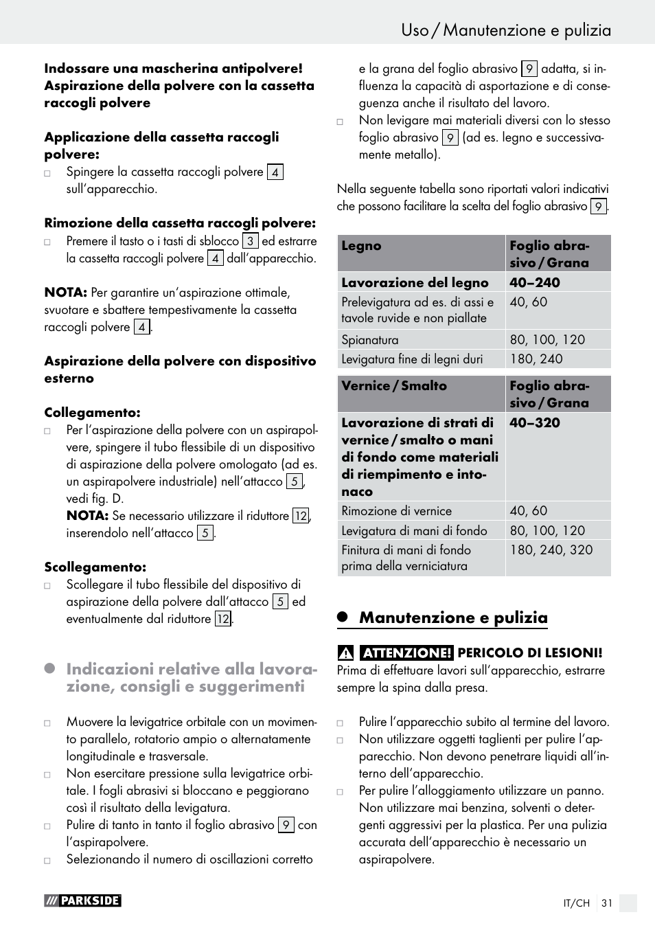 Uso / manutenzione e pulizia, Manutenzione e pulizia | Parkside PSS 250 A1 User Manual | Page 31 / 43