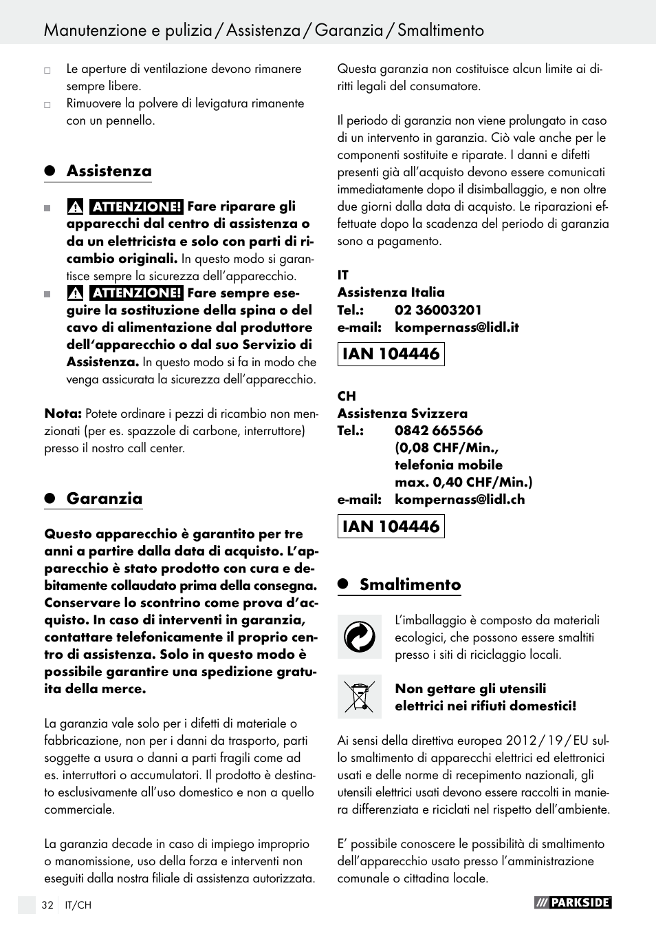 Assistenza, Garanzia, Smaltimento | Parkside PSS 250 A1 User Manual | Page 32 / 43