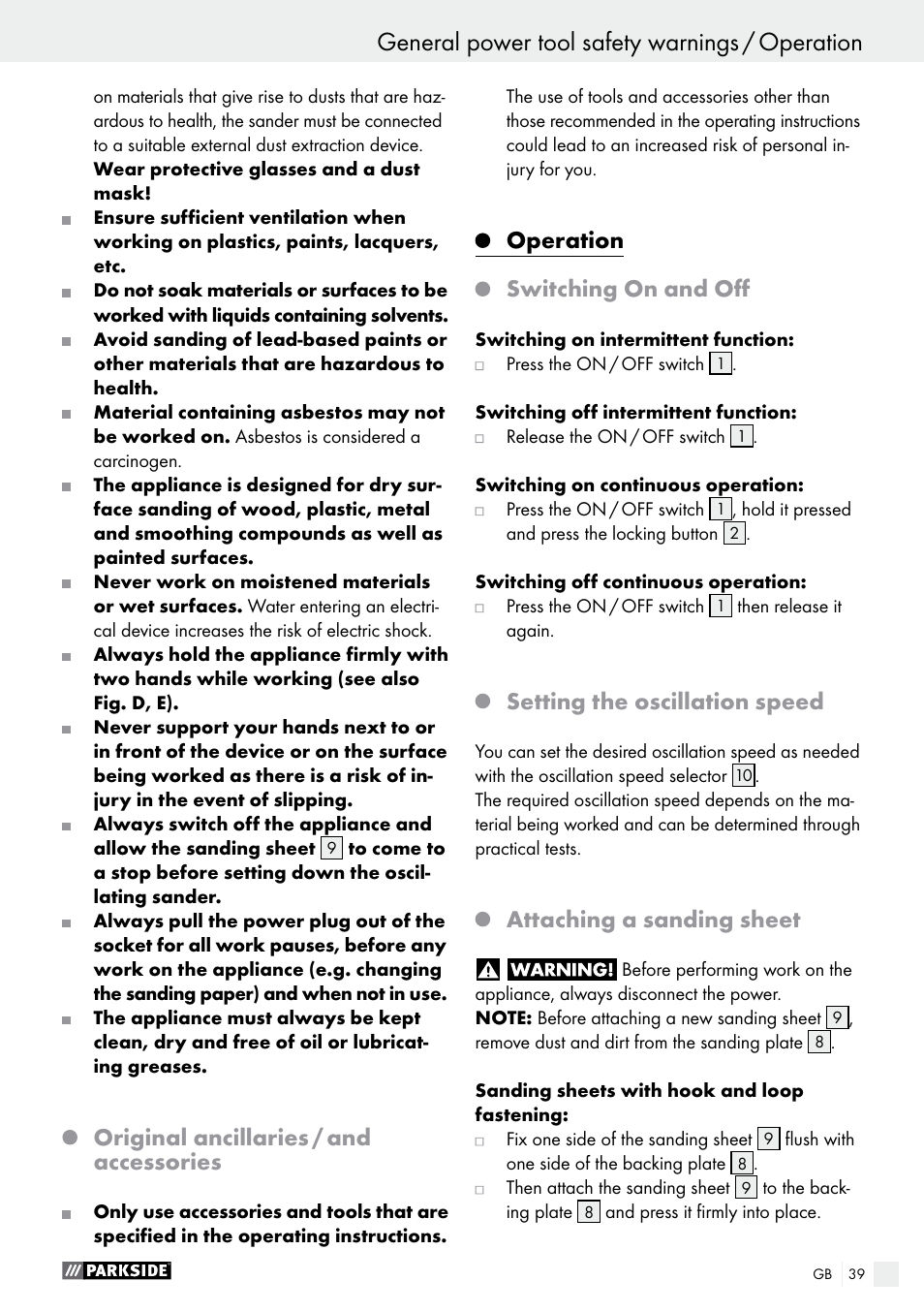 Original ancillaries / and accessories, Operation, Switching on and off | Setting the oscillation speed, Attaching a sanding sheet | Parkside PSS 250 A1 User Manual | Page 39 / 43