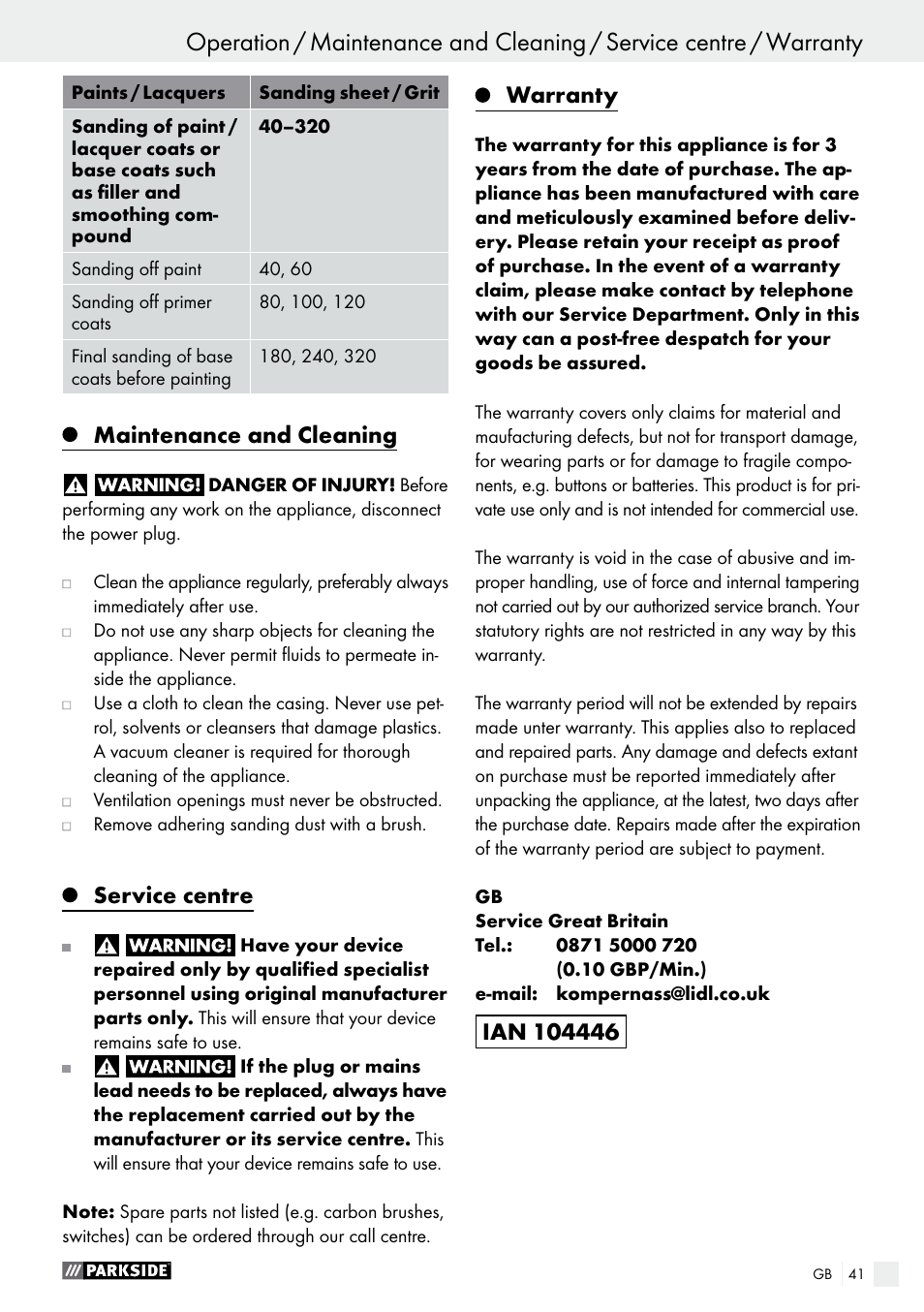 Maintenance and cleaning, Service centre, Warranty | Parkside PSS 250 A1 User Manual | Page 41 / 43