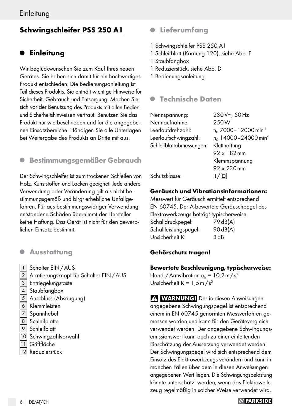 Schwingschleifer pss 250 a1, Einleitung, Bestimmungsgemäßer gebrauch | Ausstattung, Lieferumfang, Technische daten | Parkside PSS 250 A1 User Manual | Page 6 / 43