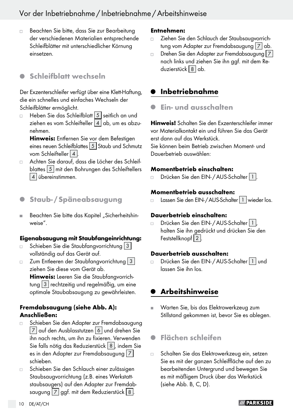 Schleifblatt wechseln, Staub- / späneabsaugung, Inbetriebnahme | Ein- und ausschalten, Arbeitshinweise, Flächen schleifen | Parkside PEXS 270 A1 User Manual | Page 10 / 37