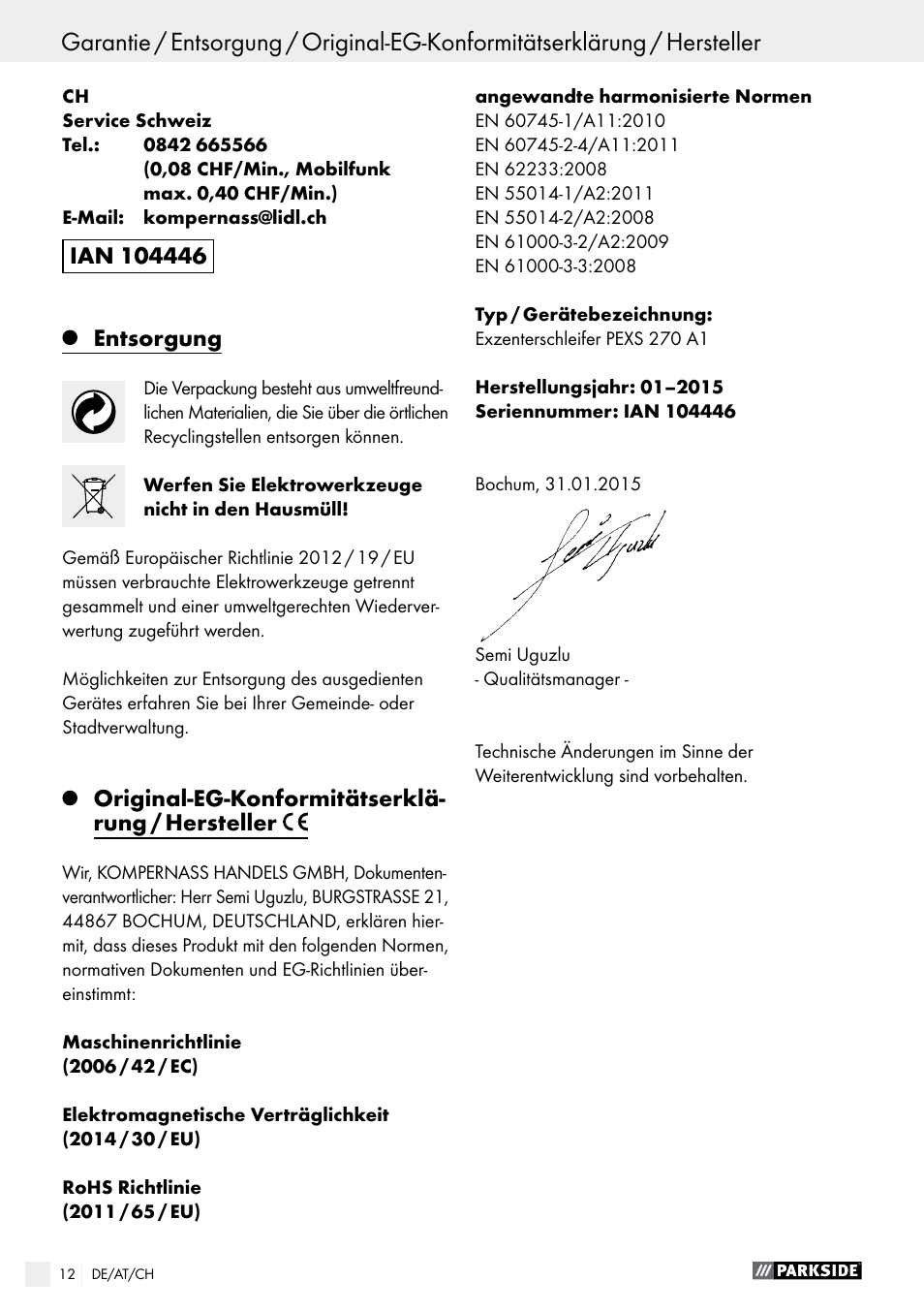 Entsorgung, Original-eg-konformitätserklä- rung / hersteller | Parkside PEXS 270 A1 User Manual | Page 12 / 37