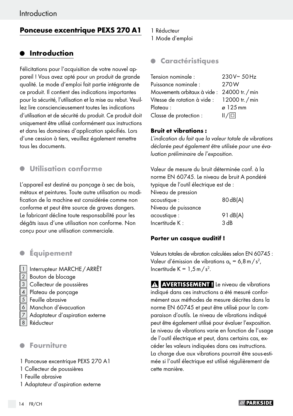 Introduction, Ponceuse excentrique pexs 270 a1, Utilisation conforme | Équipement, Fourniture, Caractéristiques | Parkside PEXS 270 A1 User Manual | Page 14 / 37
