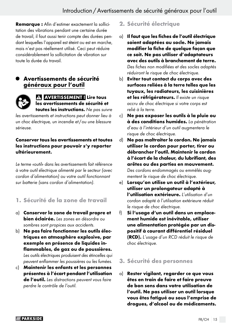 Avertissements de sécurité généraux pour l’outil, Sécurité de la zone de travail, Sécurité électrique | Sécurité des personnes | Parkside PEXS 270 A1 User Manual | Page 15 / 37