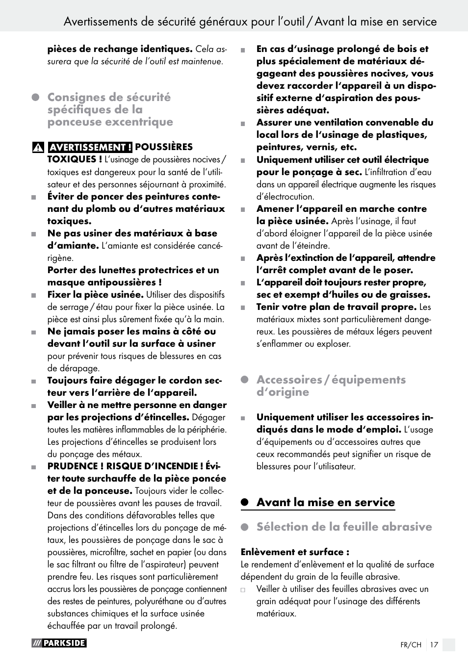 Accessoires / équipements d‘origine, Avant la mise en service, Sélection de la feuille abrasive | Parkside PEXS 270 A1 User Manual | Page 17 / 37